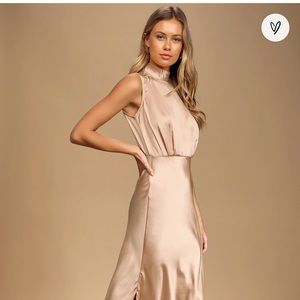 NWT Lulus Classic Elegance Blush Satin Sleeveless Mock Neck Maxi Dress